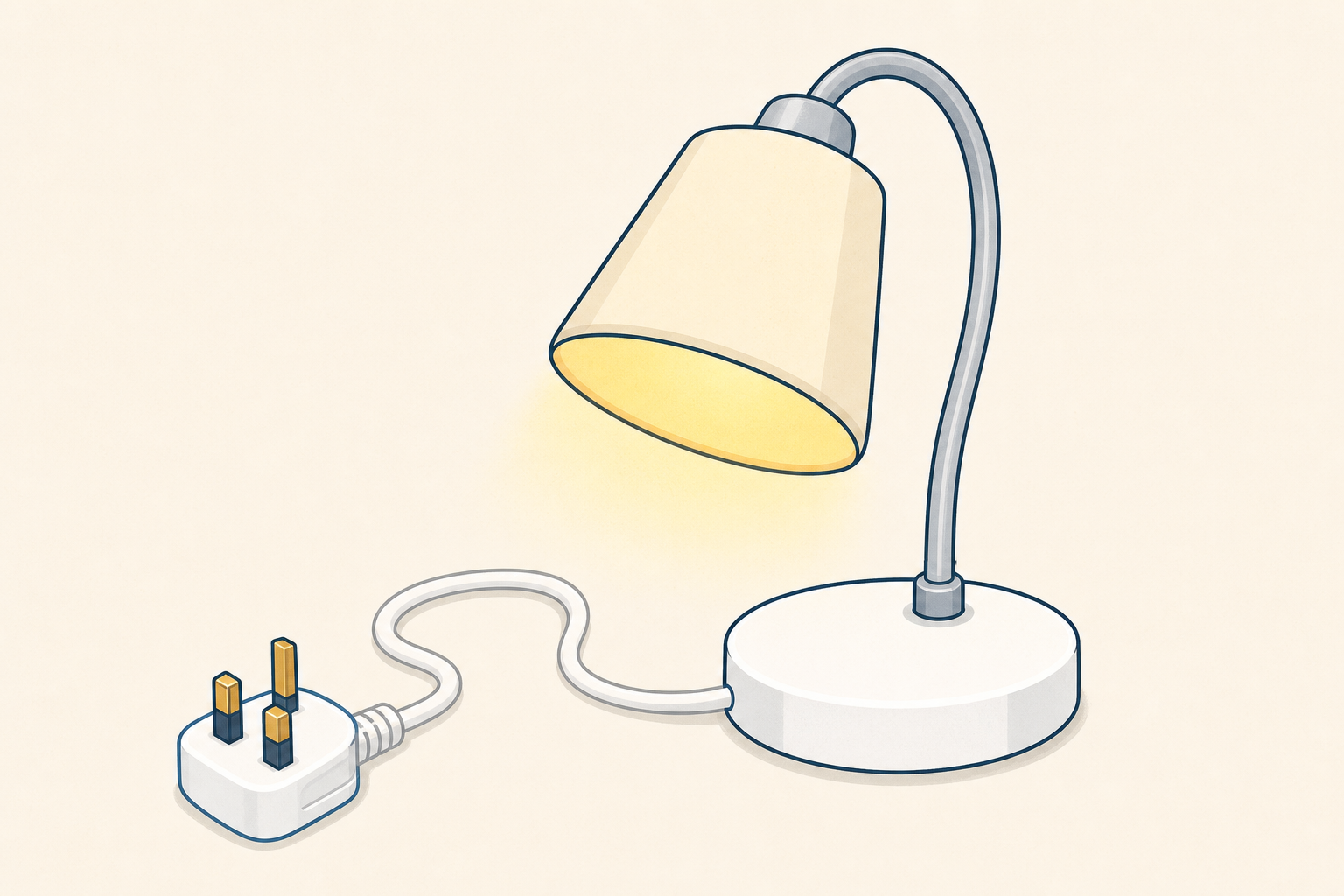 A lit lamp with its cord and plug, the object of the lighting-up question