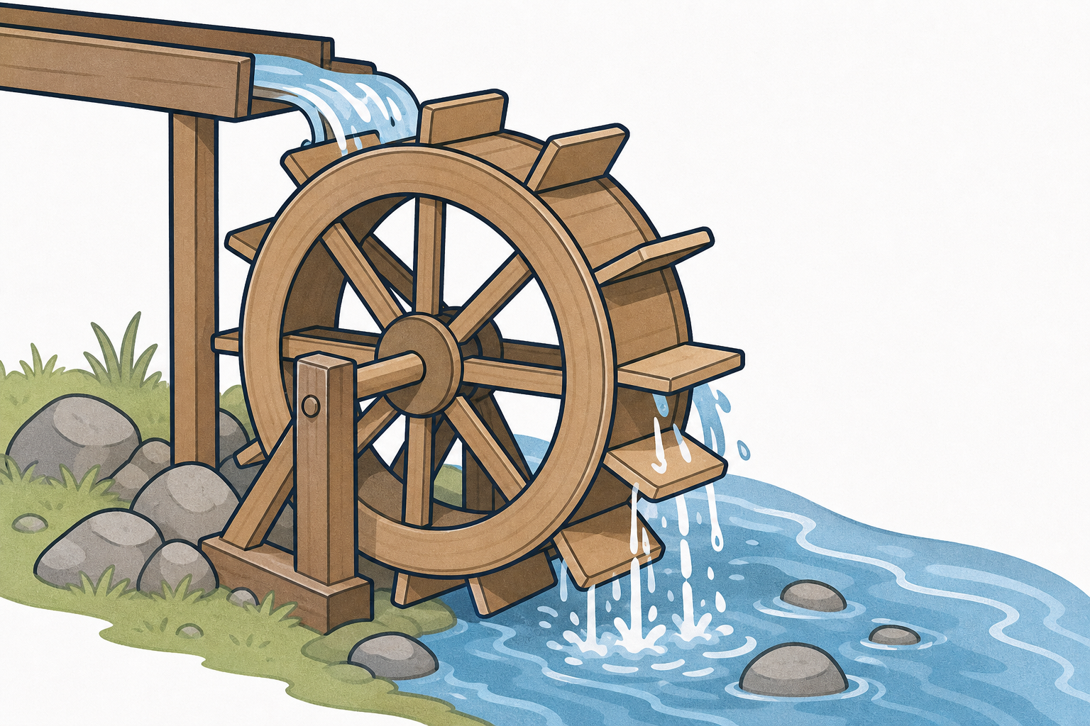 A real water wheel with paddles catching falling water and turning