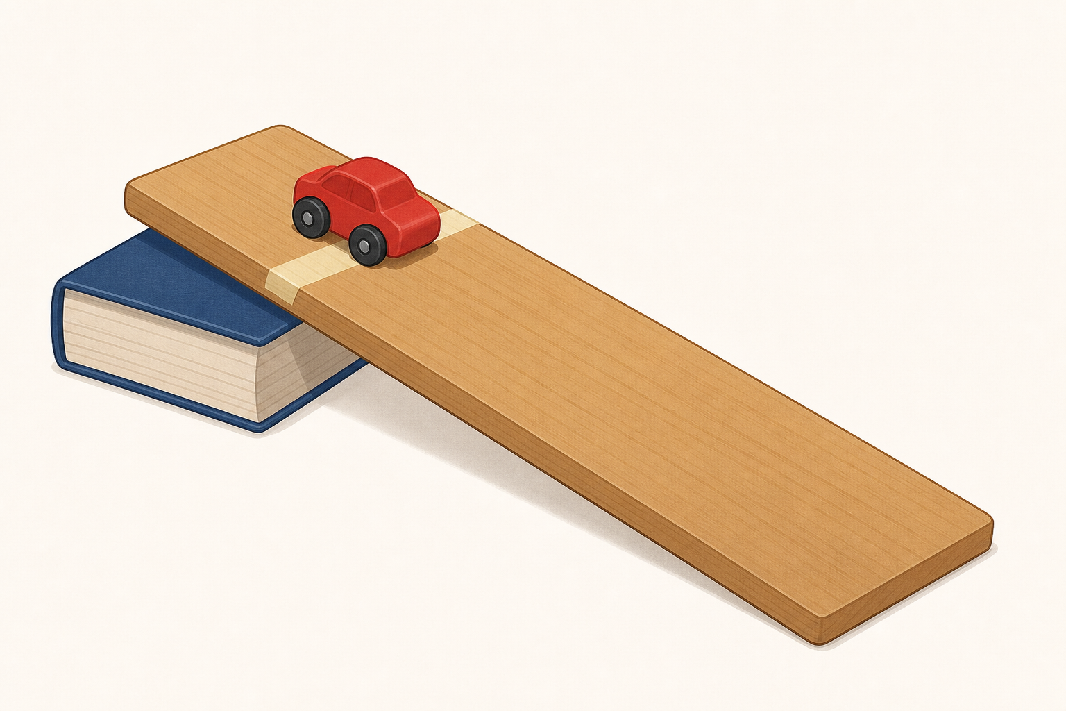Start position: car held at tape mark on ramp raised by one book