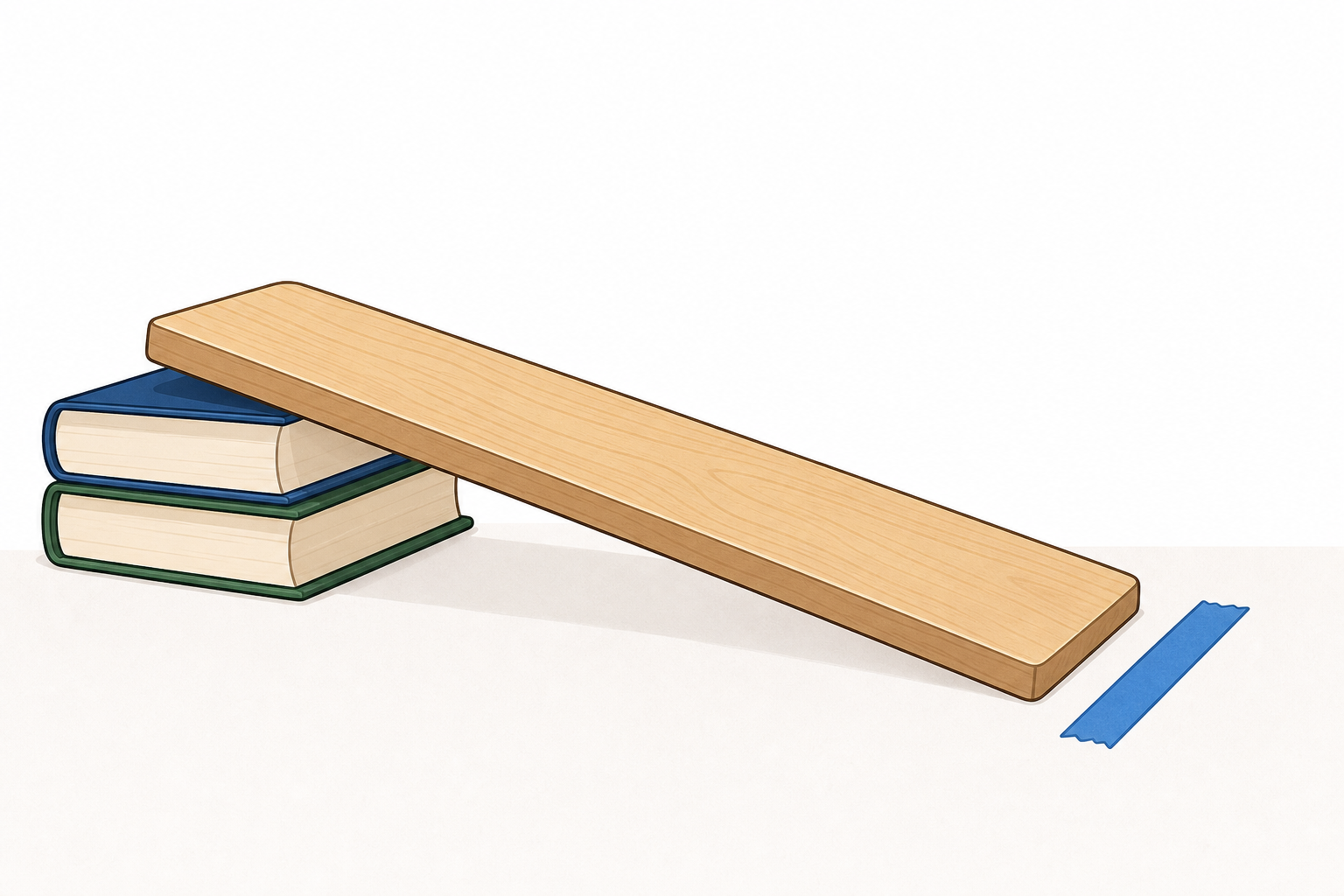 Step one of the run: ramp set on two books with start line taped