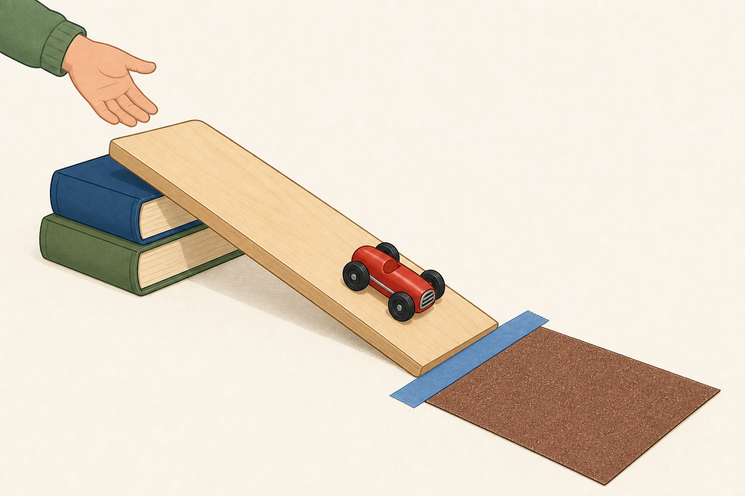 Step two: car released from the same start, rolling onto the sandpaper