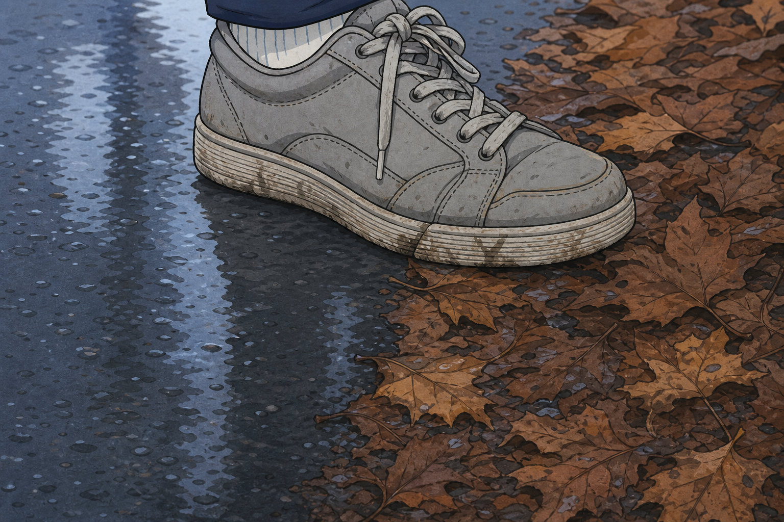 Wet tarmac beside wet leaves with a trainer, the grip question