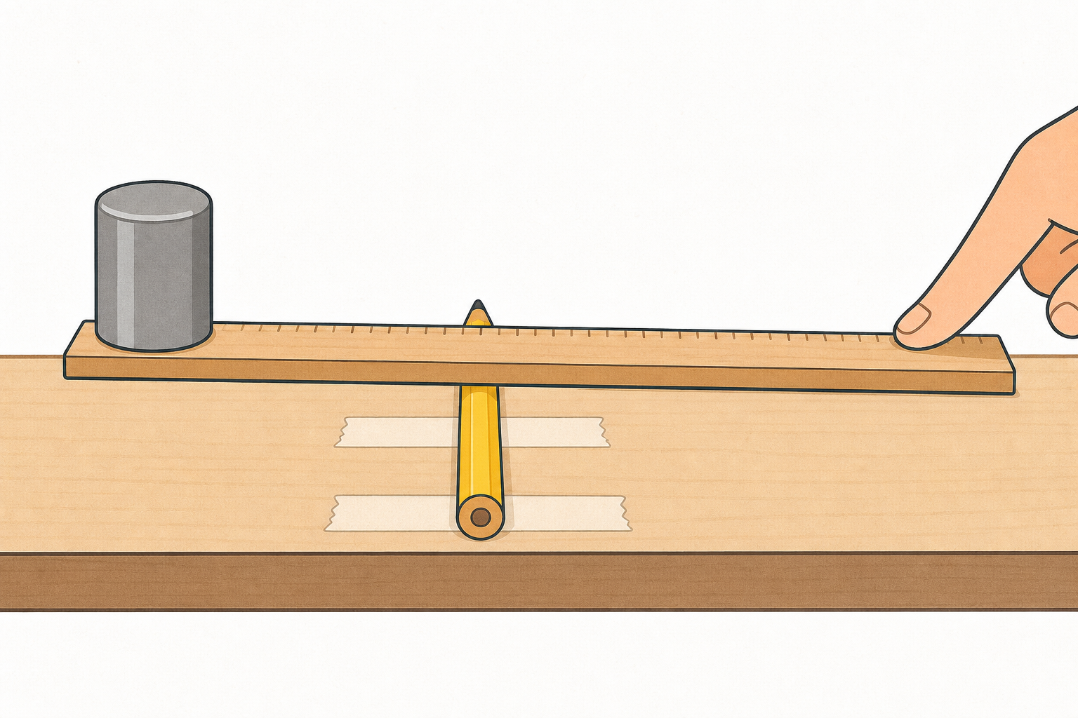Close side view of the lever: stiff bar, pivot beneath, load on one end