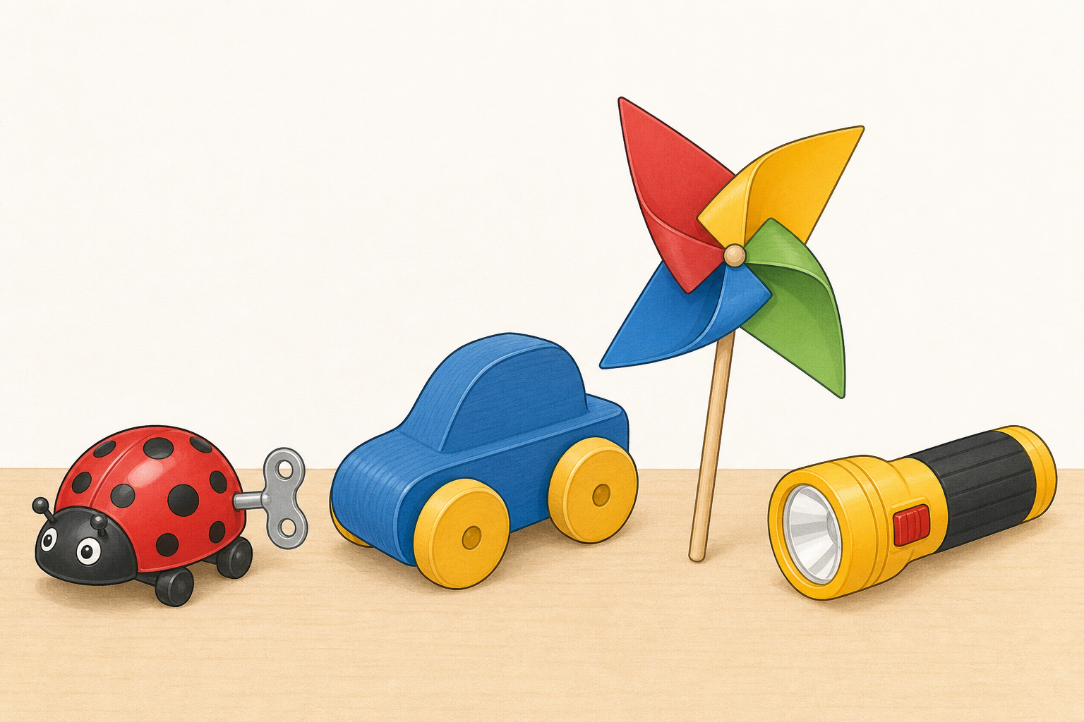 All four things together so children can compare what makes each go
