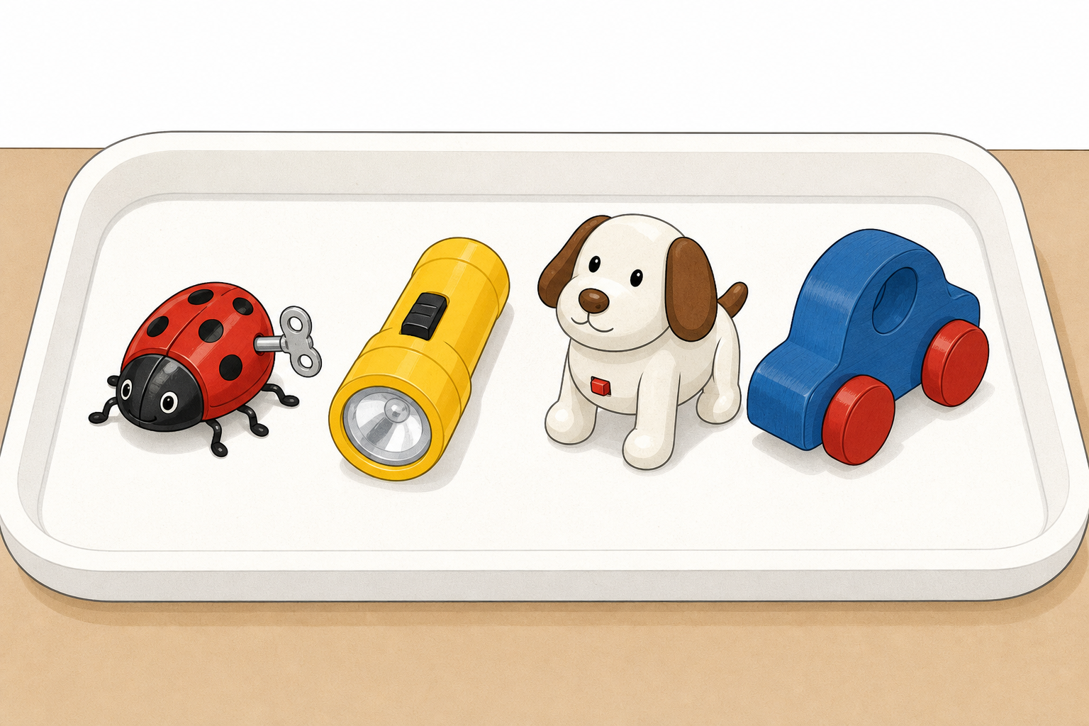 The four lesson toys together so children can compare what each one needs