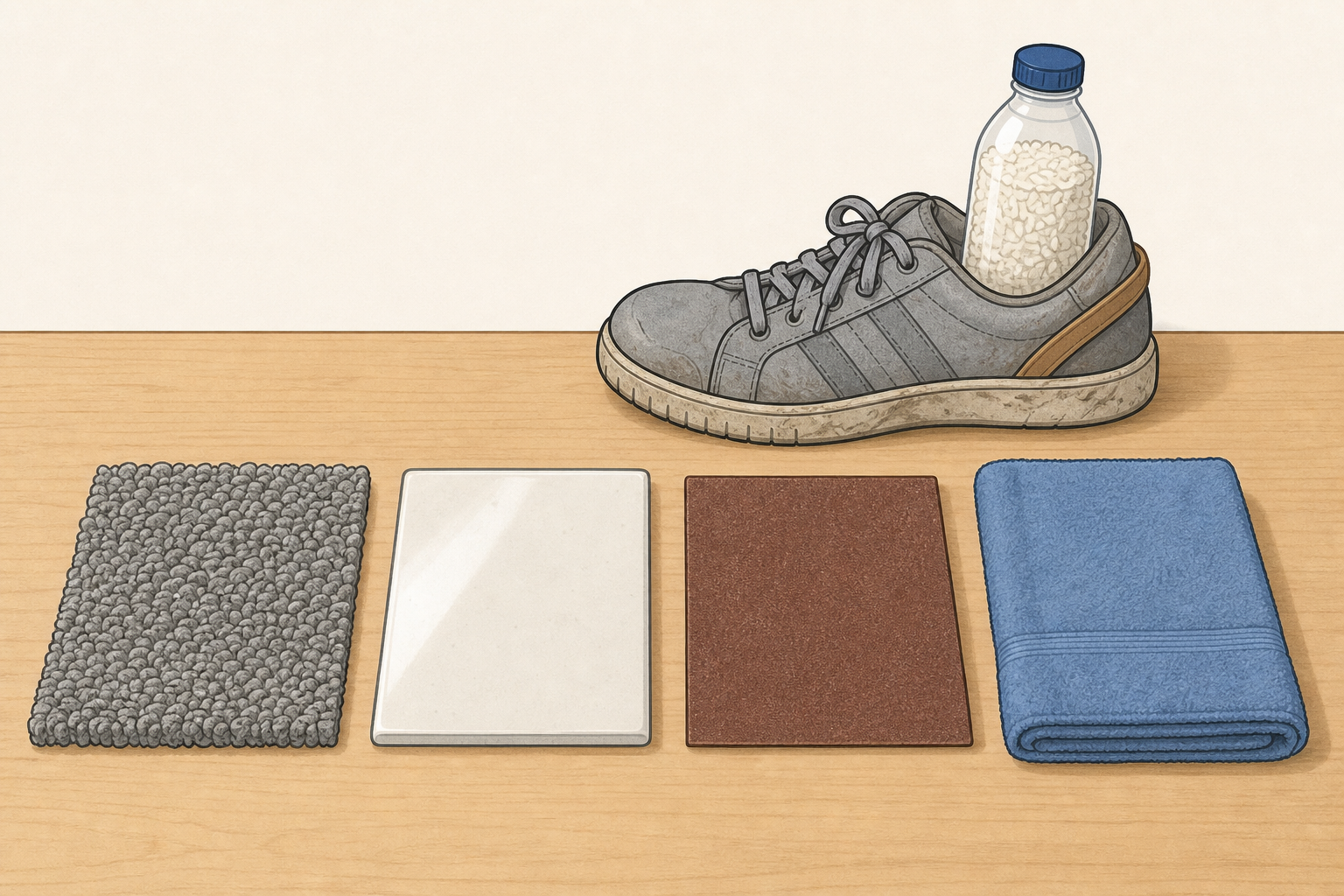 The loaded shoe and the four test surfaces, today's apparatus