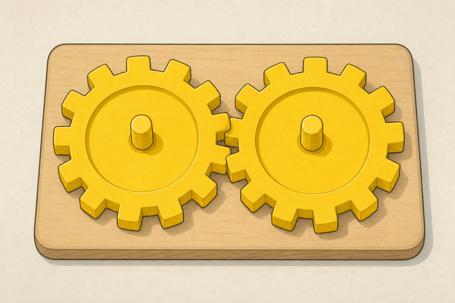 Two meshed gear wheels, teeth pushing together, as set up on the table