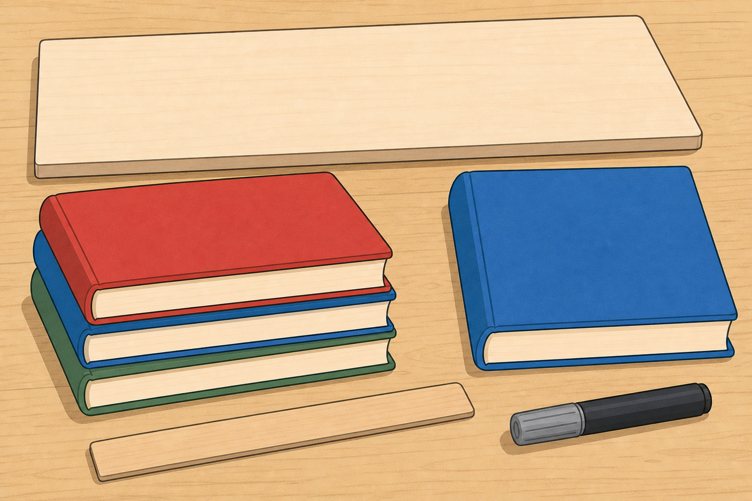 The kit for today laid out: board, books, ruler and marker