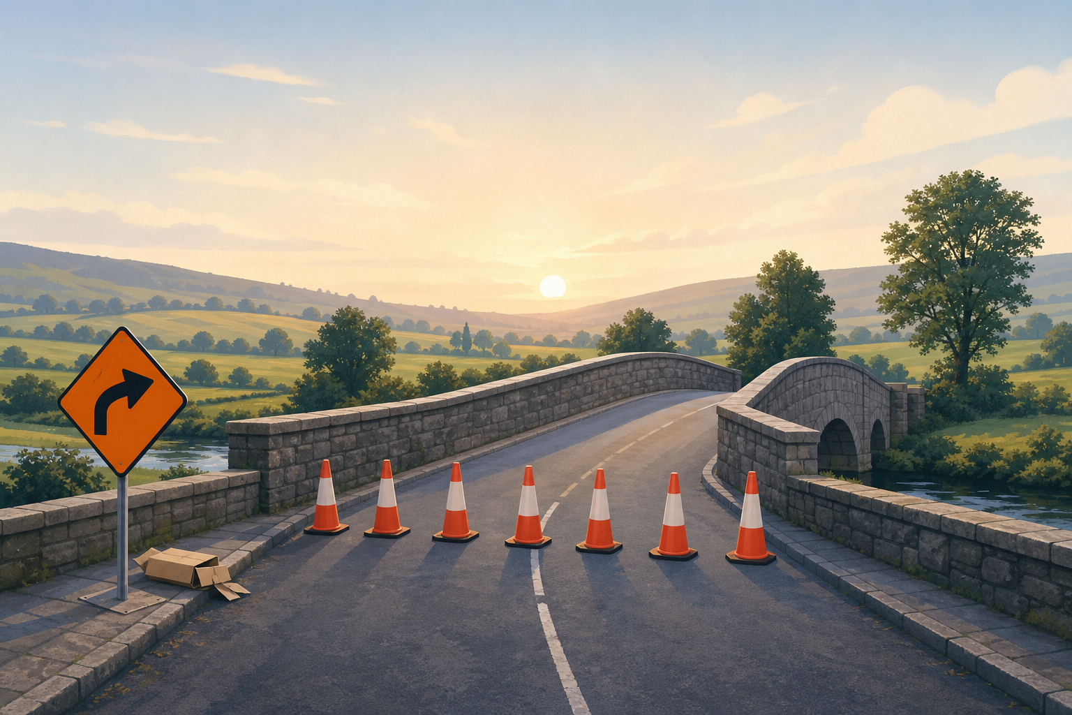 A quiet rural Irish road bridge at dawn, closed off by striped traffic cones across both lanes, an orange diamond diversion sign at the roadside, two crushed cardboard cartons on the kerb, no people and no vehicles in frame, muted early-morning light