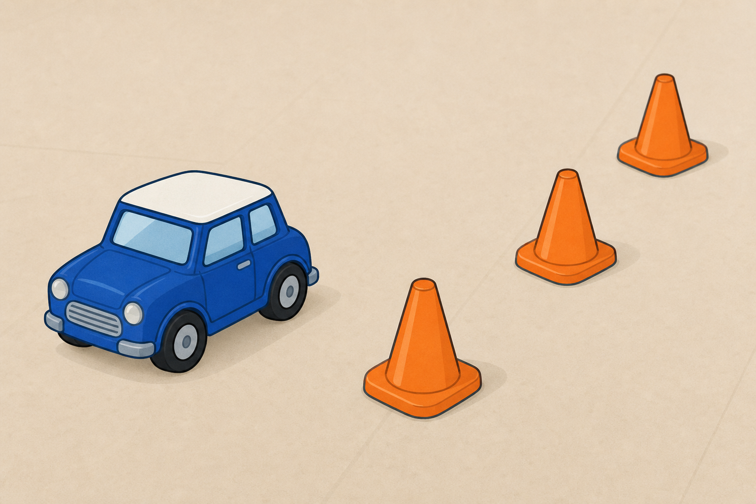 Station B apparatus: car and cone bend to steer around