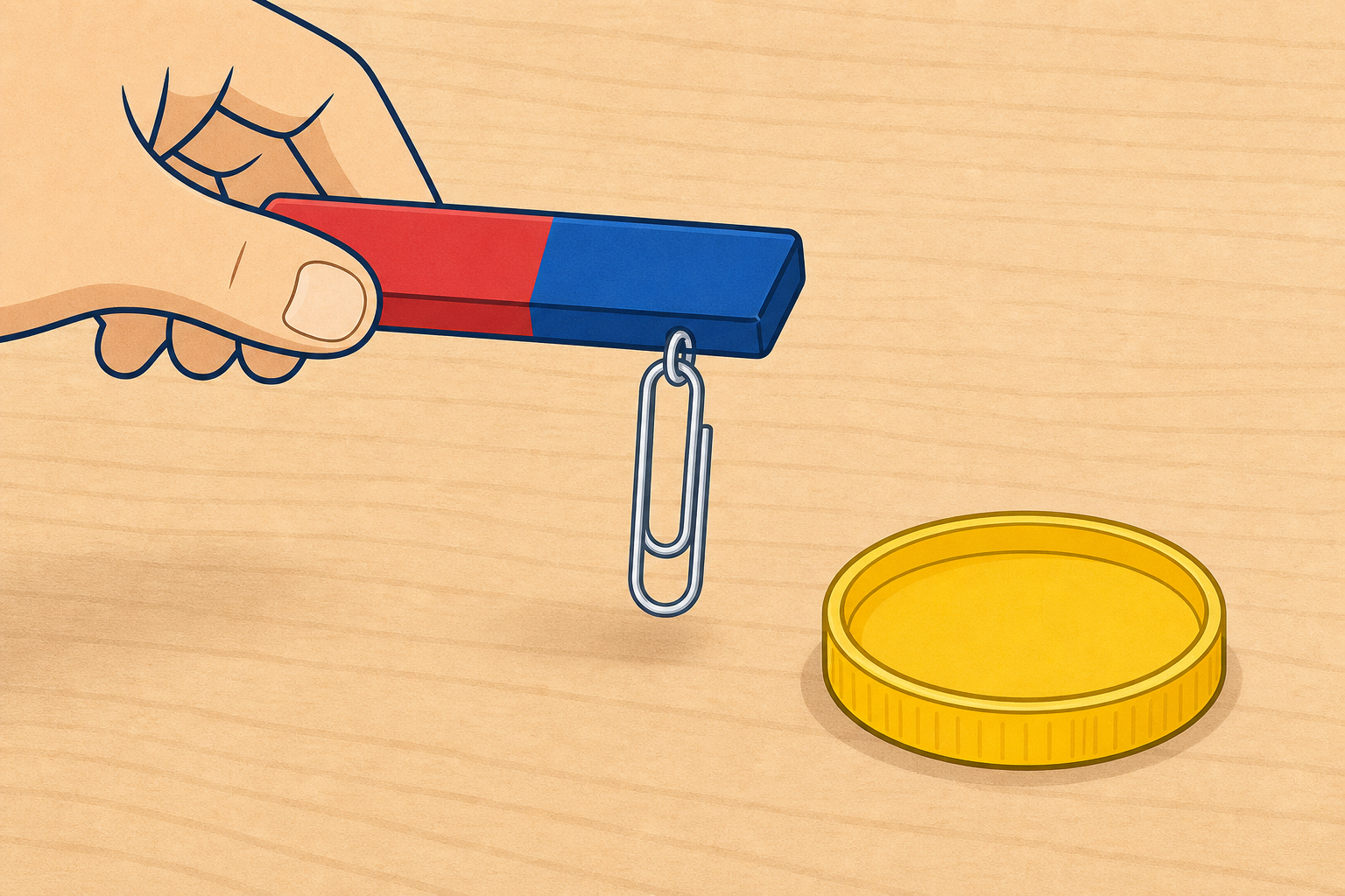 Magnet pulling a paperclip while a plastic lid stays put