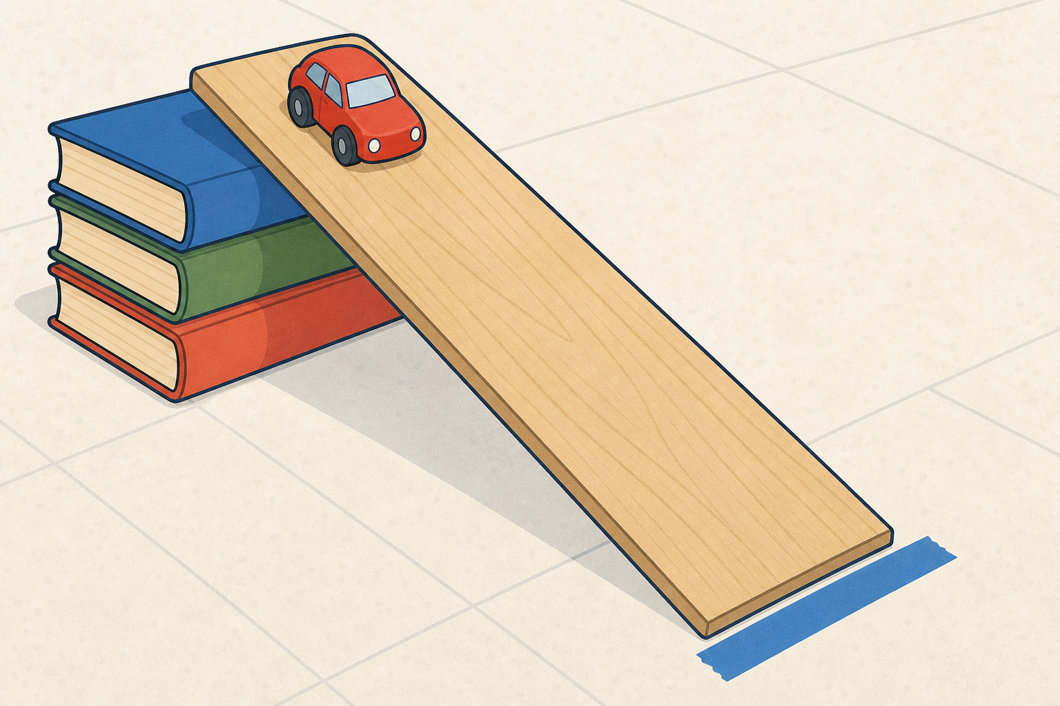 The ramp and car the class will test, shown close and plainly