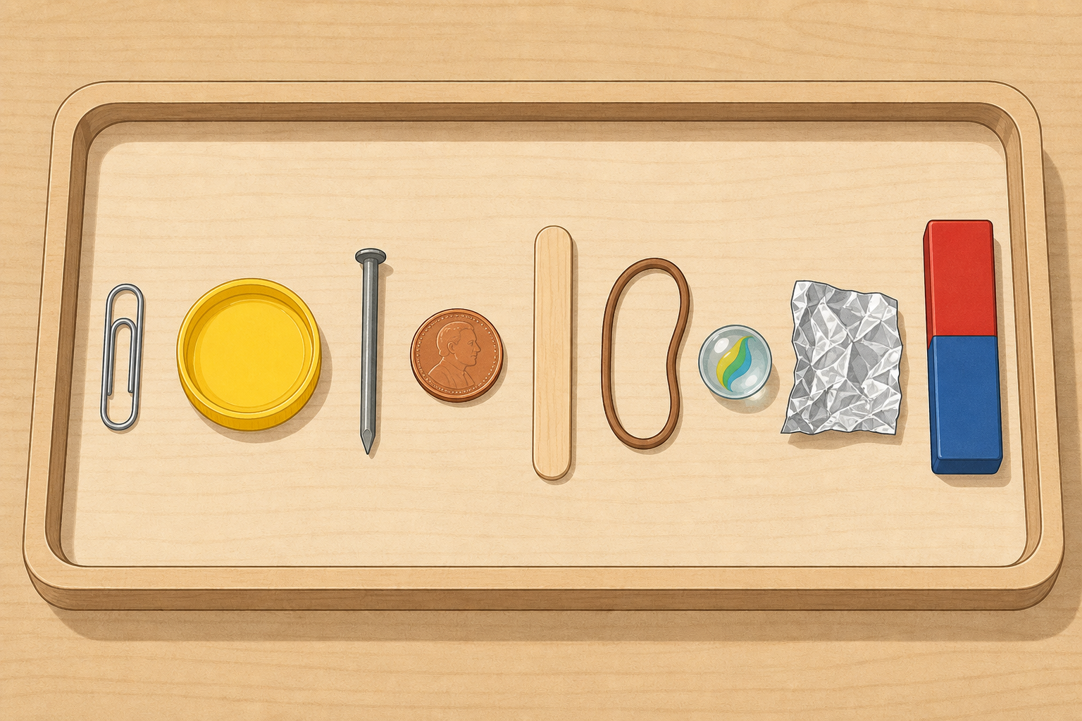 The tray of everyday test objects the groups will sort