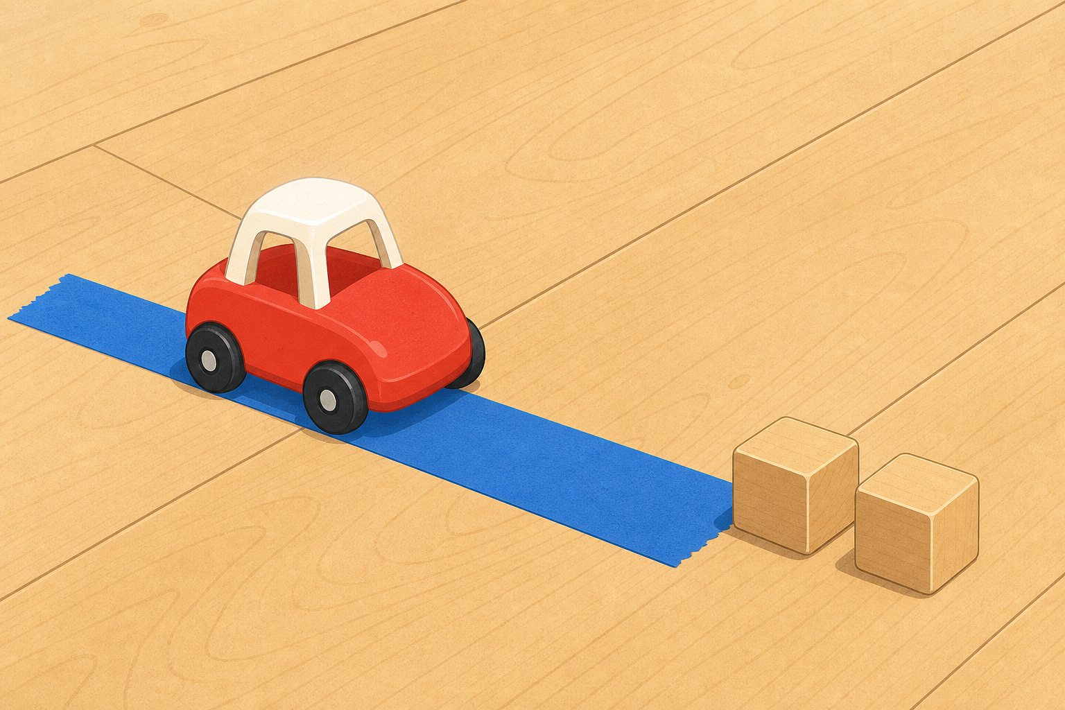 The test lane apparatus: start line, car and stopping markers