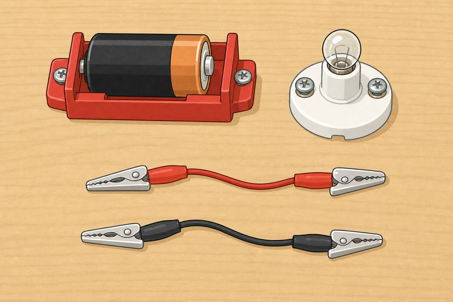 The actual battery, bulb and wires, separate and unconnected, for the opening guess
