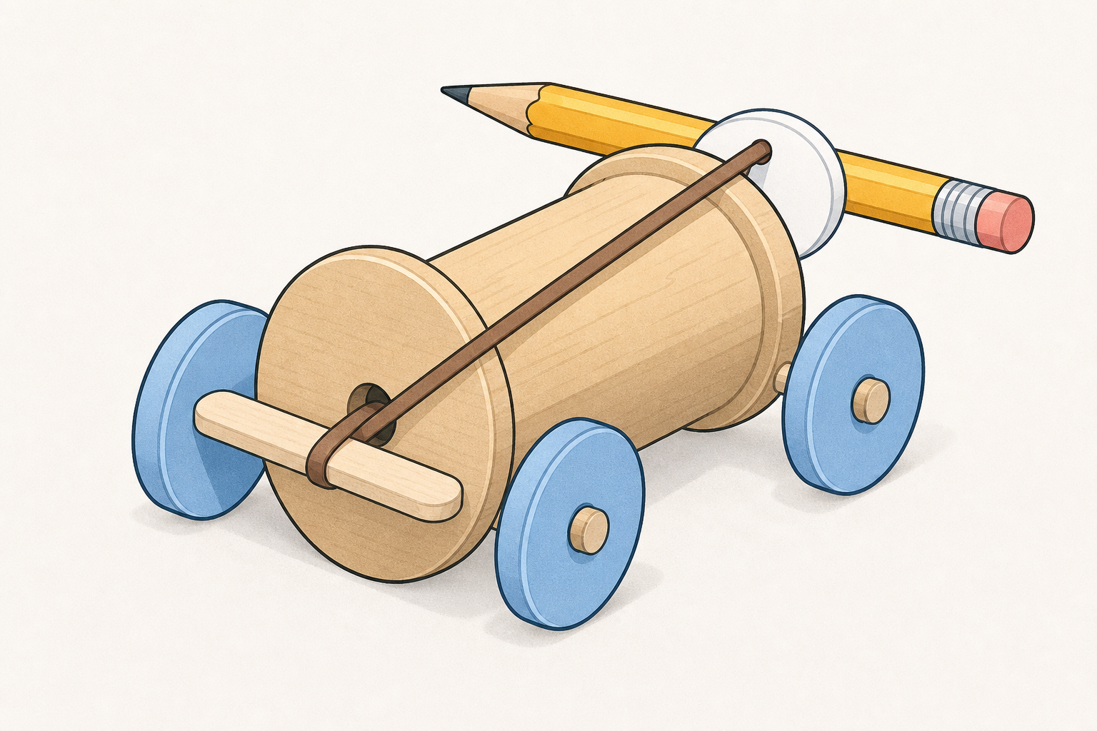 The cotton-reel car the class will watch, shown whole and close