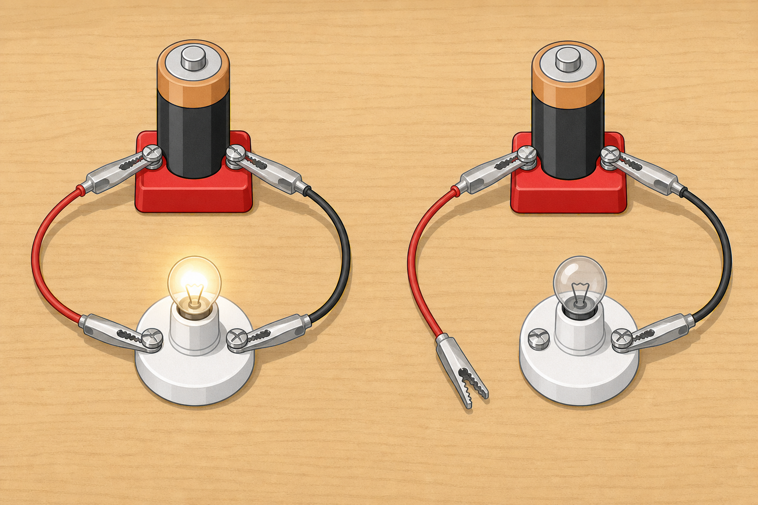 Complete loop lit beside broken loop dark, showing the gap that matters