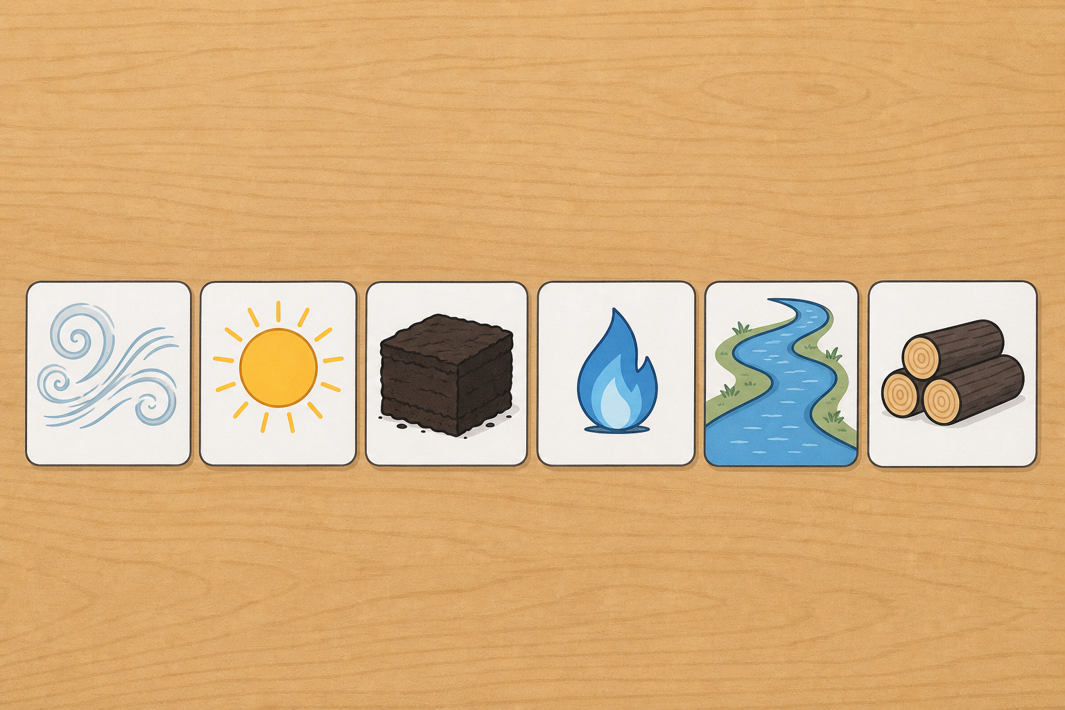 The six sorting cards children will handle, unsorted, so answers stay hidden