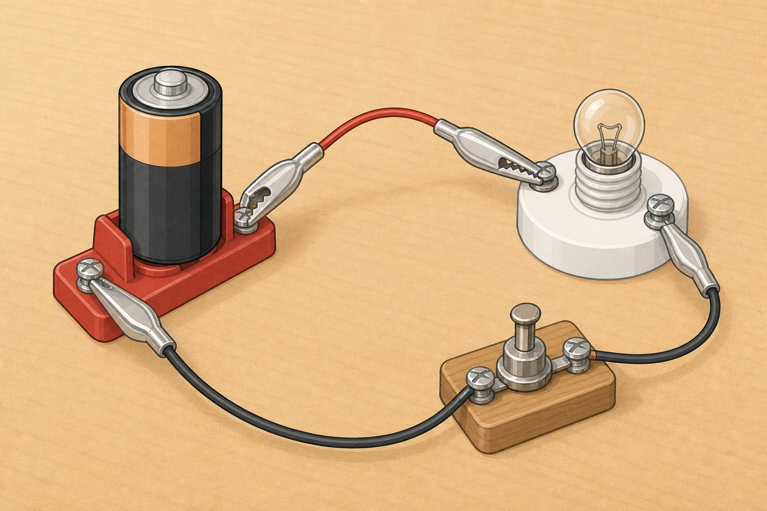 First join being made: clip fastened from battery terminal to bulb terminal