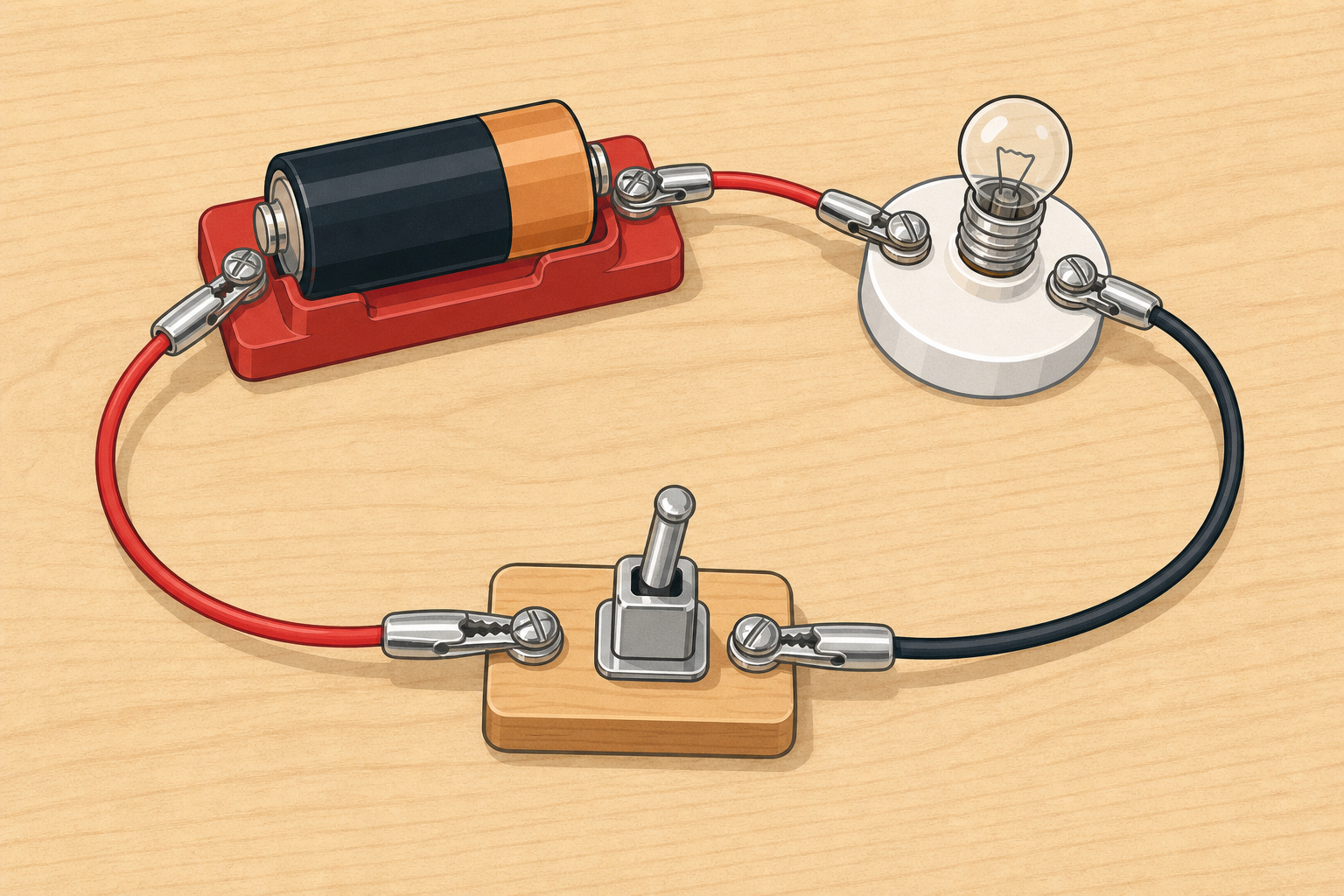 All four parts joined in a ring, switch open, bulb still dark