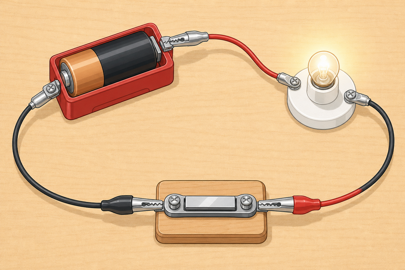 Same circuit with switch closed and bulb lit: complete loop working