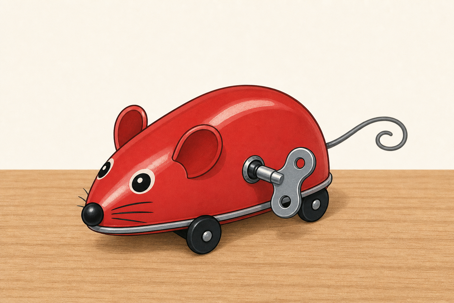 The wind-up toy itself, close and plain, as the lesson's opening object