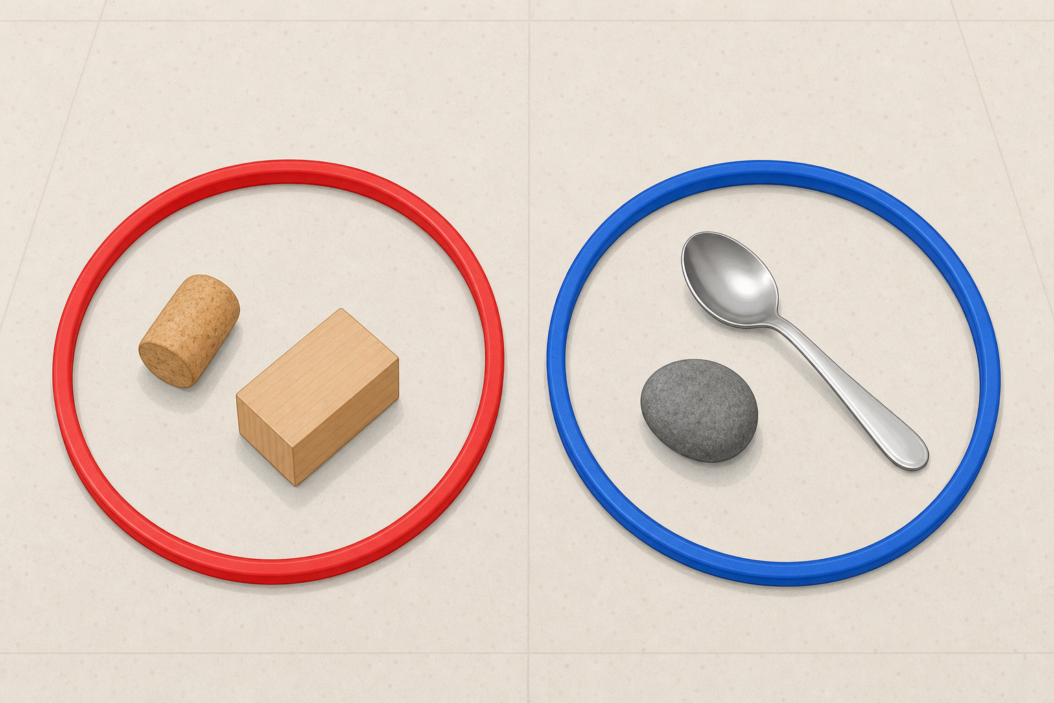 The two sorting hoops with dry objects placed in each group
