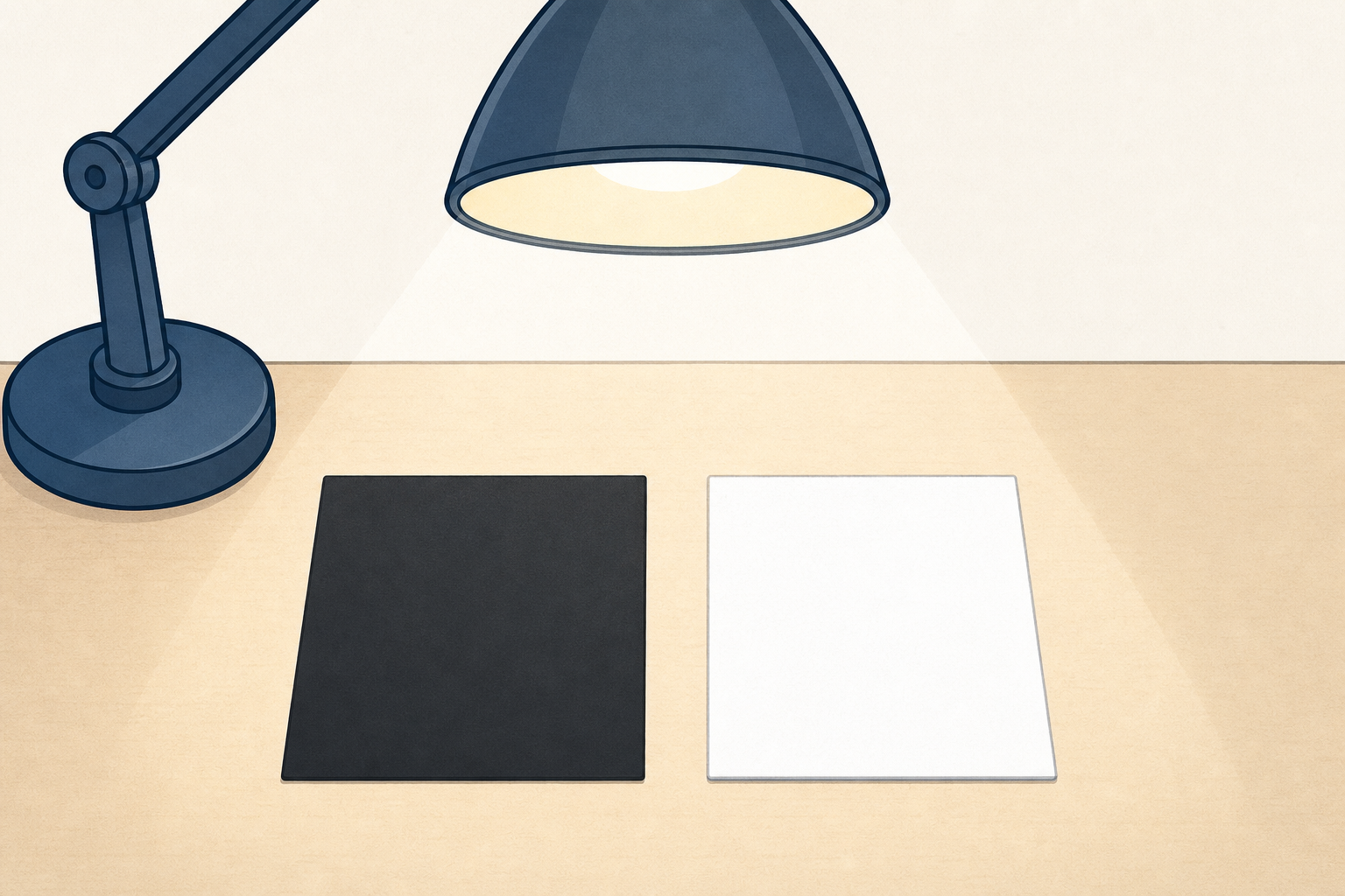 The warming test set up: two cards, same lamp, ready to compare