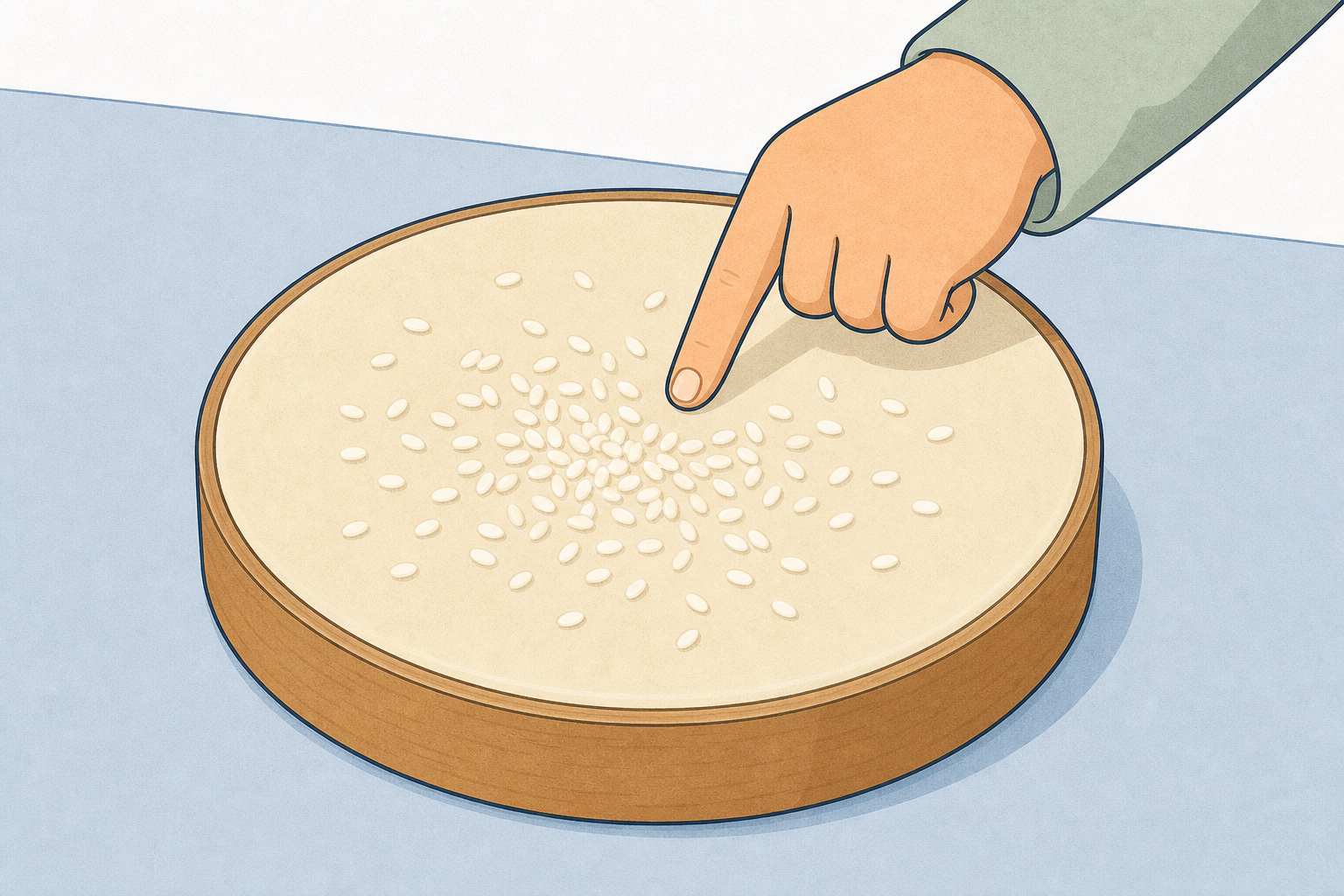 Drum apparatus the class watches; rice on skin makes the wobble visible