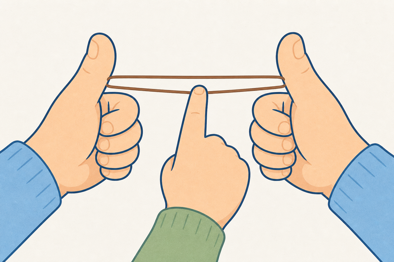 Elastic band apparatus stretched ready for a partner to pluck