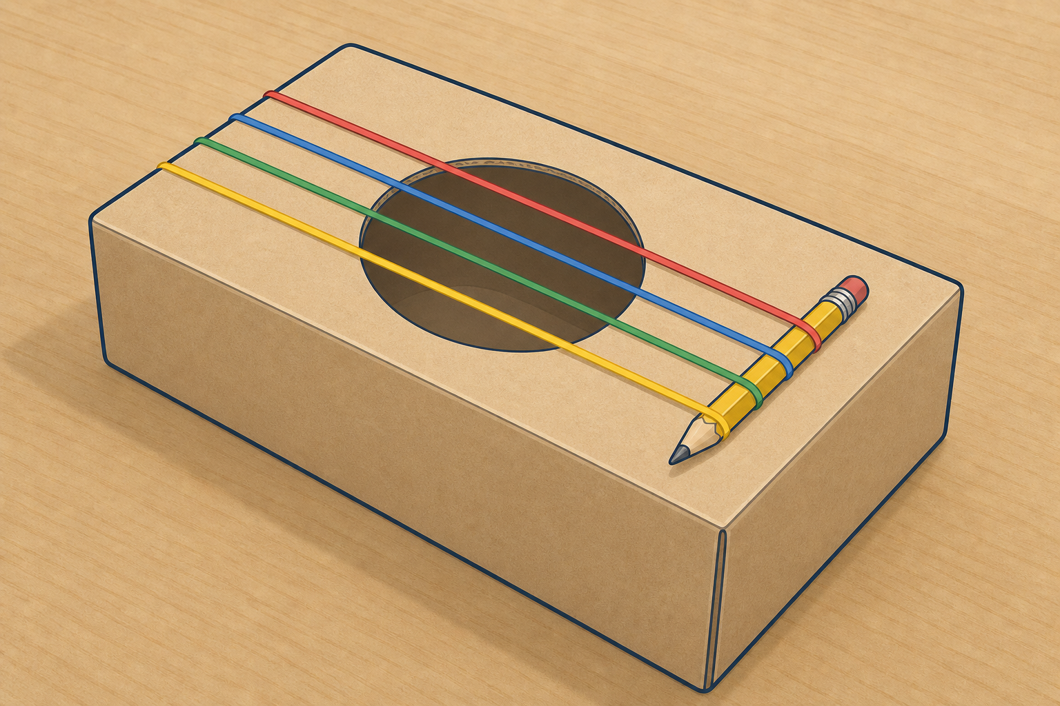 The rubber-band guitar the class will pluck today, shown plainly and close