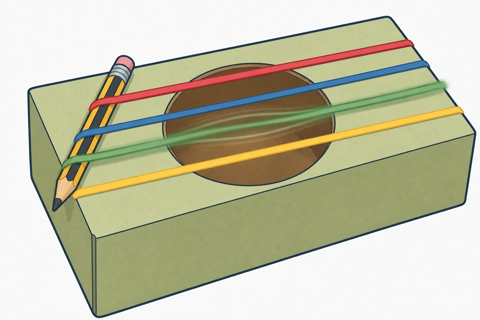 A plucked band blurred mid-wobble, showing what a vibration looks like