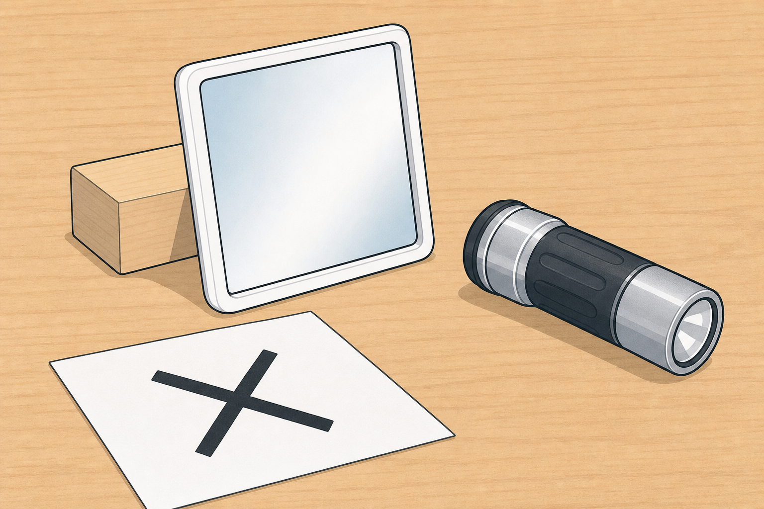 Apparatus for the bounce test: torch, propped mirror and paper target