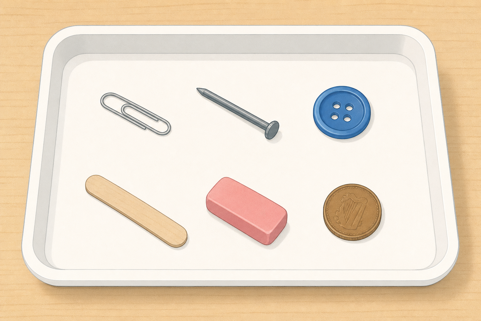 The tray of test objects children will guess about, shown clearly