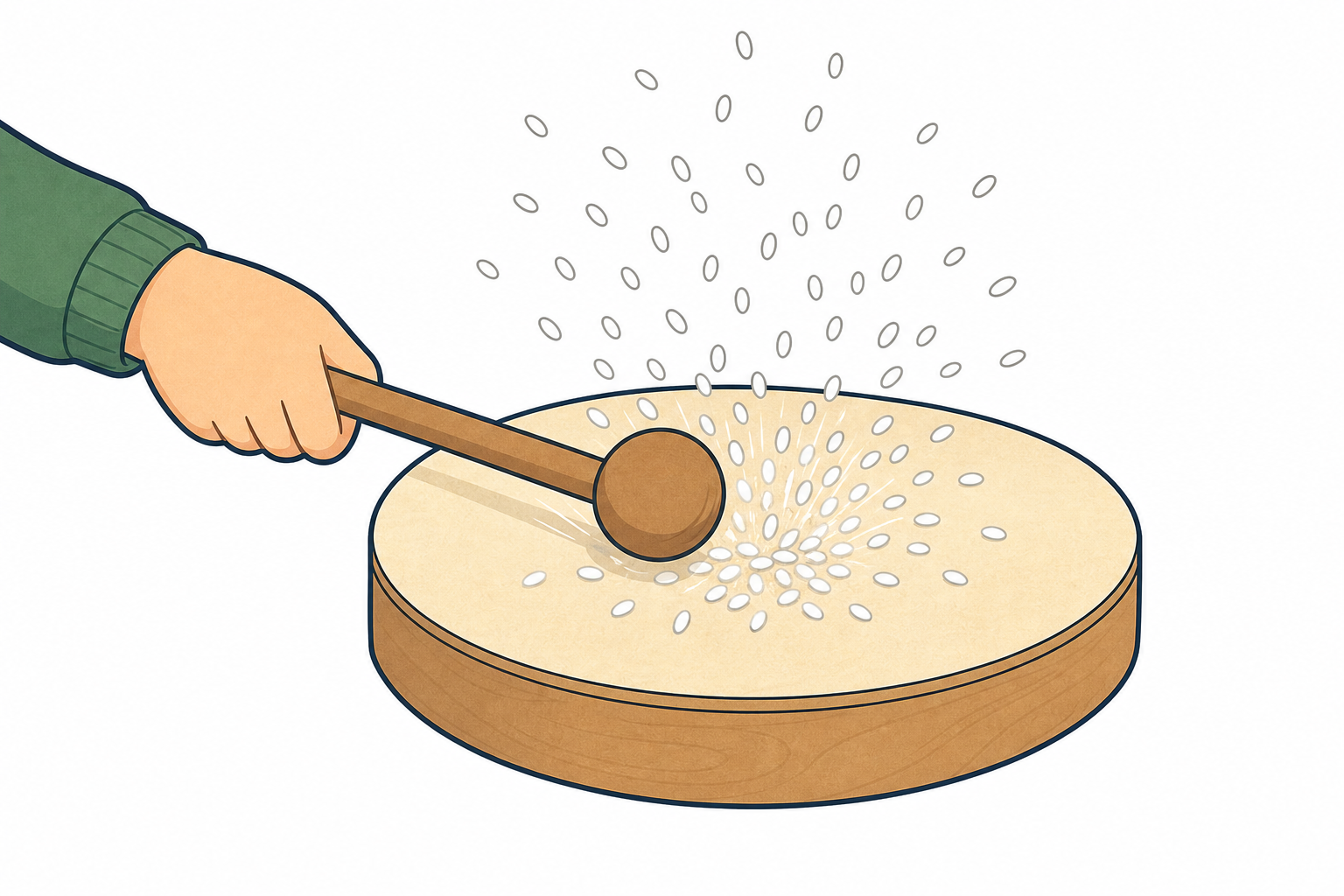 Strong tap: same rice jumps high, bigger vibration
