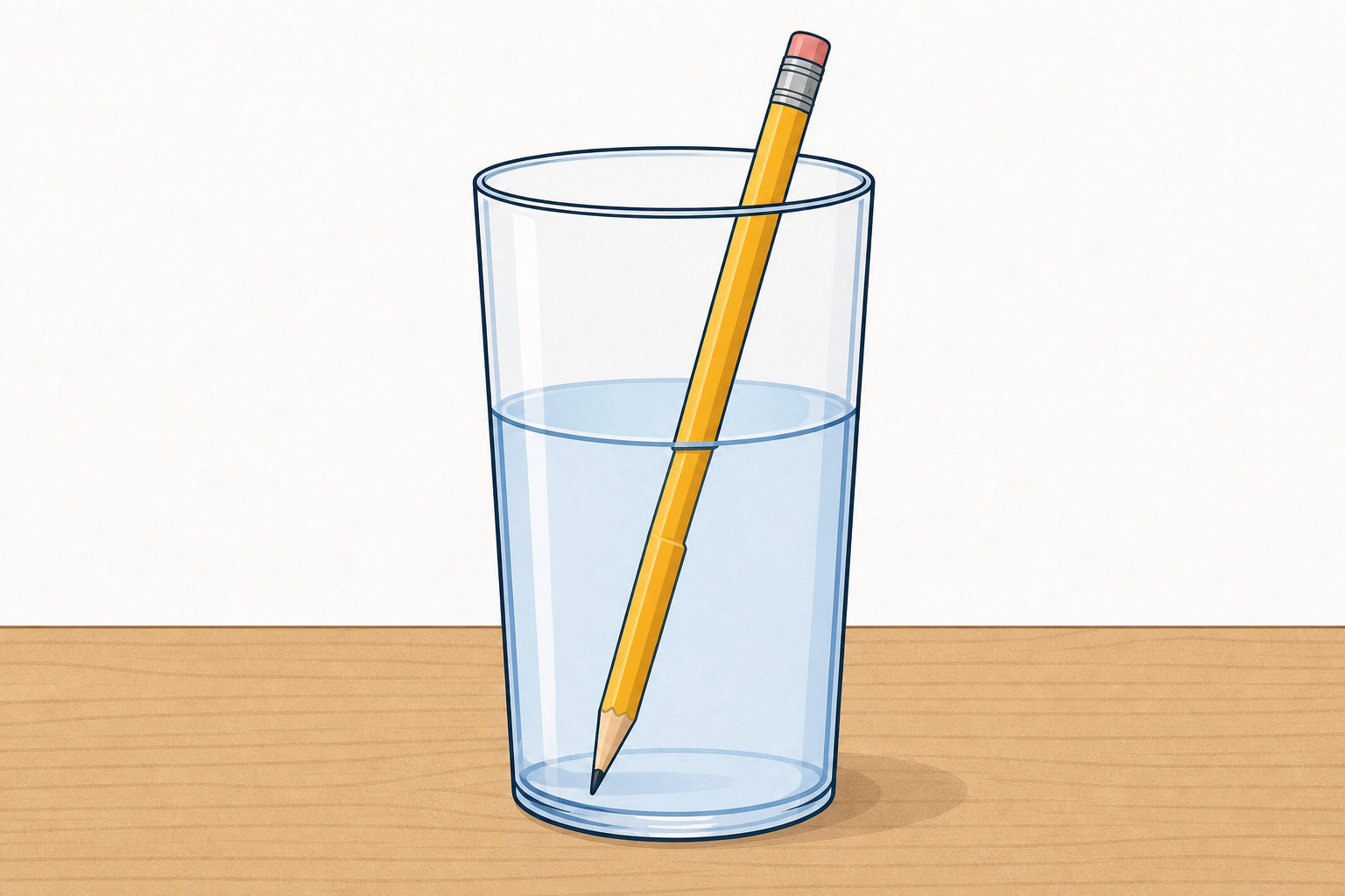 Pencil standing in water looking bent at the water surface