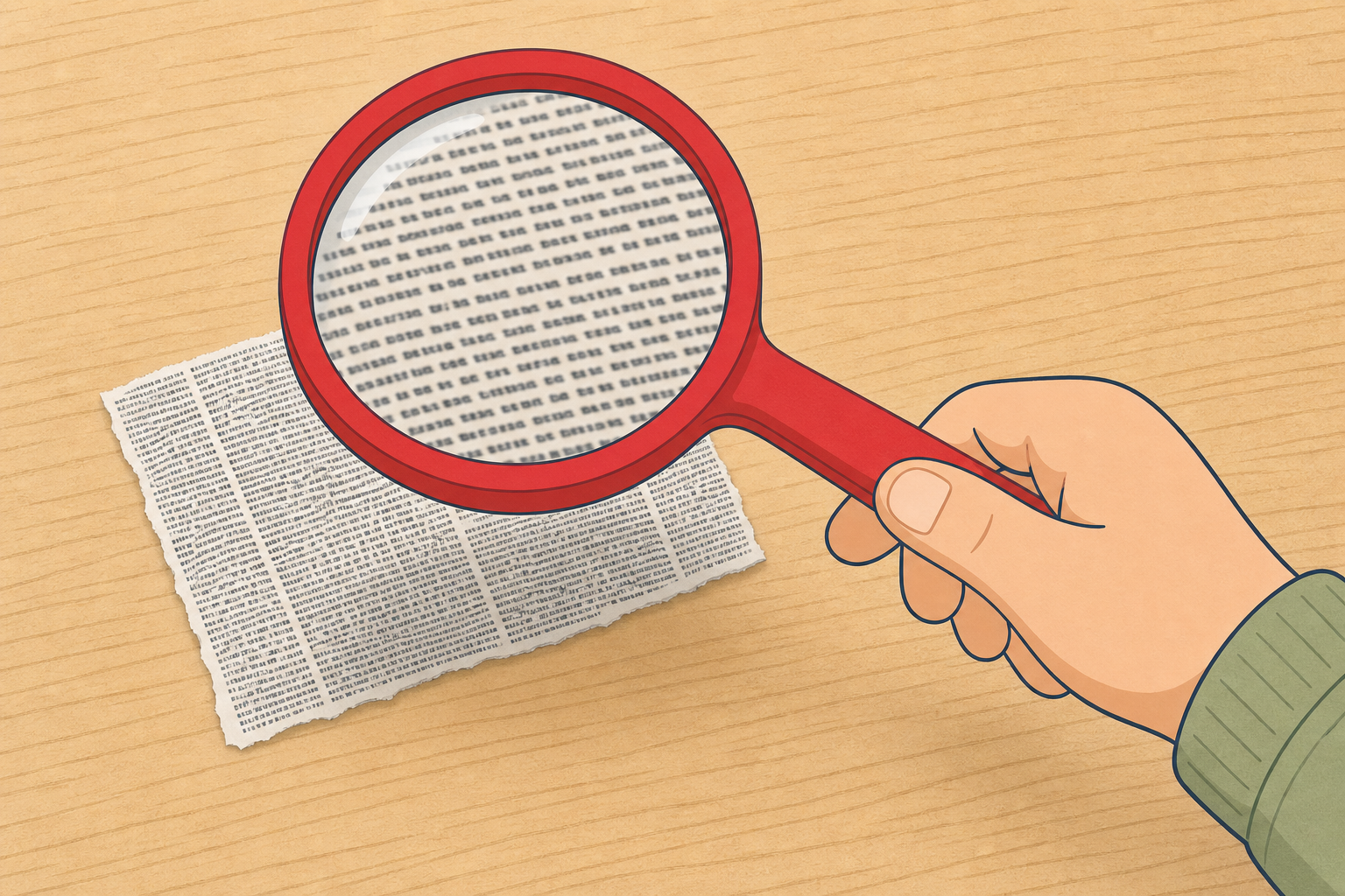 Magnifier held over newspaper print, letters enlarged under the lens