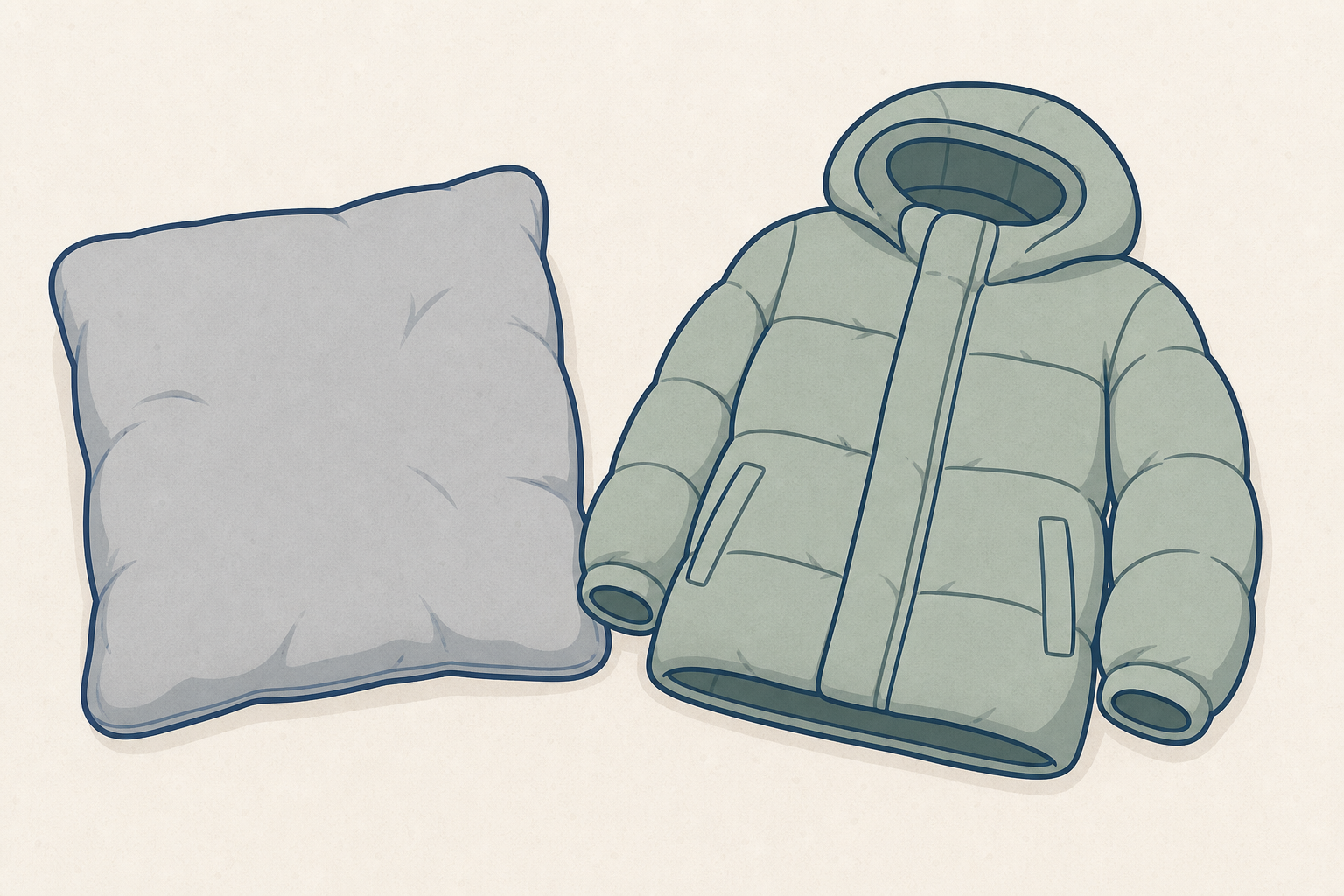 Everyday soft things named in the hook: cushion and thick coat, shown plainly
