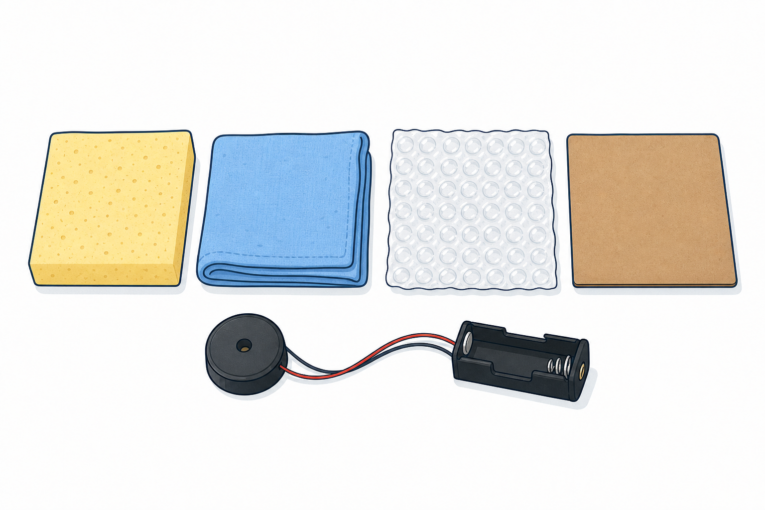 The buzzer and the four wrapping materials the class will test