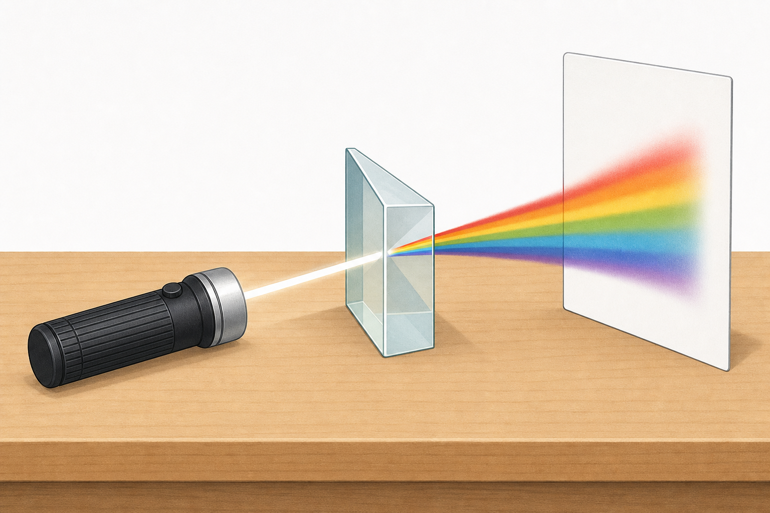 Prism demonstration: white beam entering, rainbow band on the card