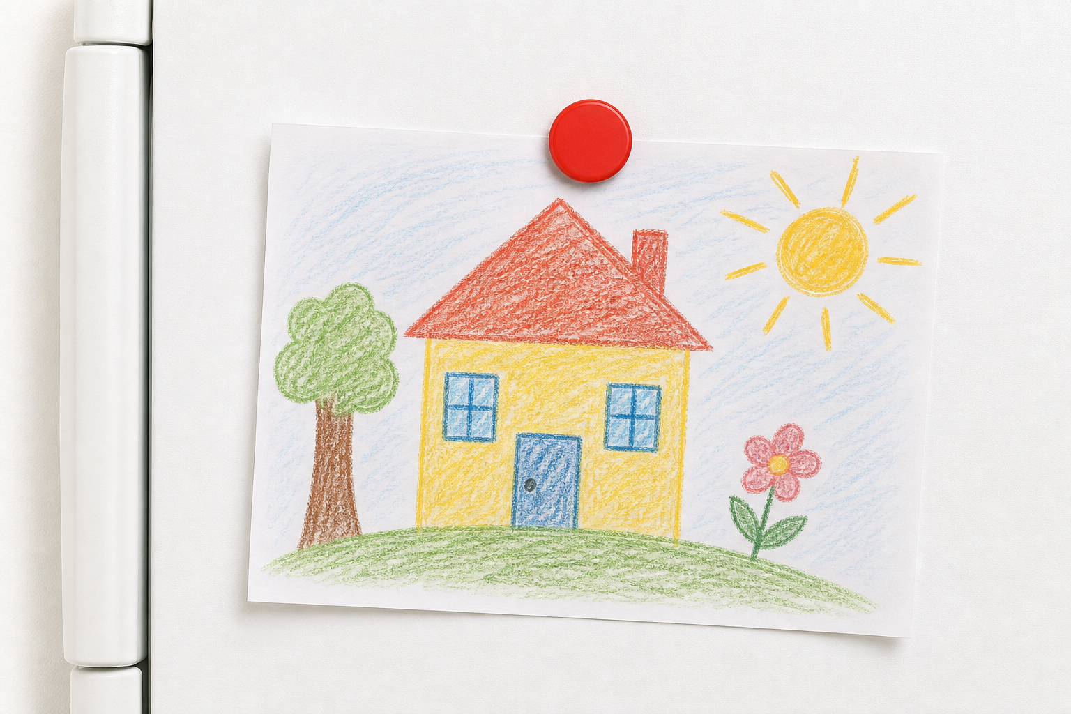 Child's drawing held on fridge by magnet; the puzzle that opens lesson