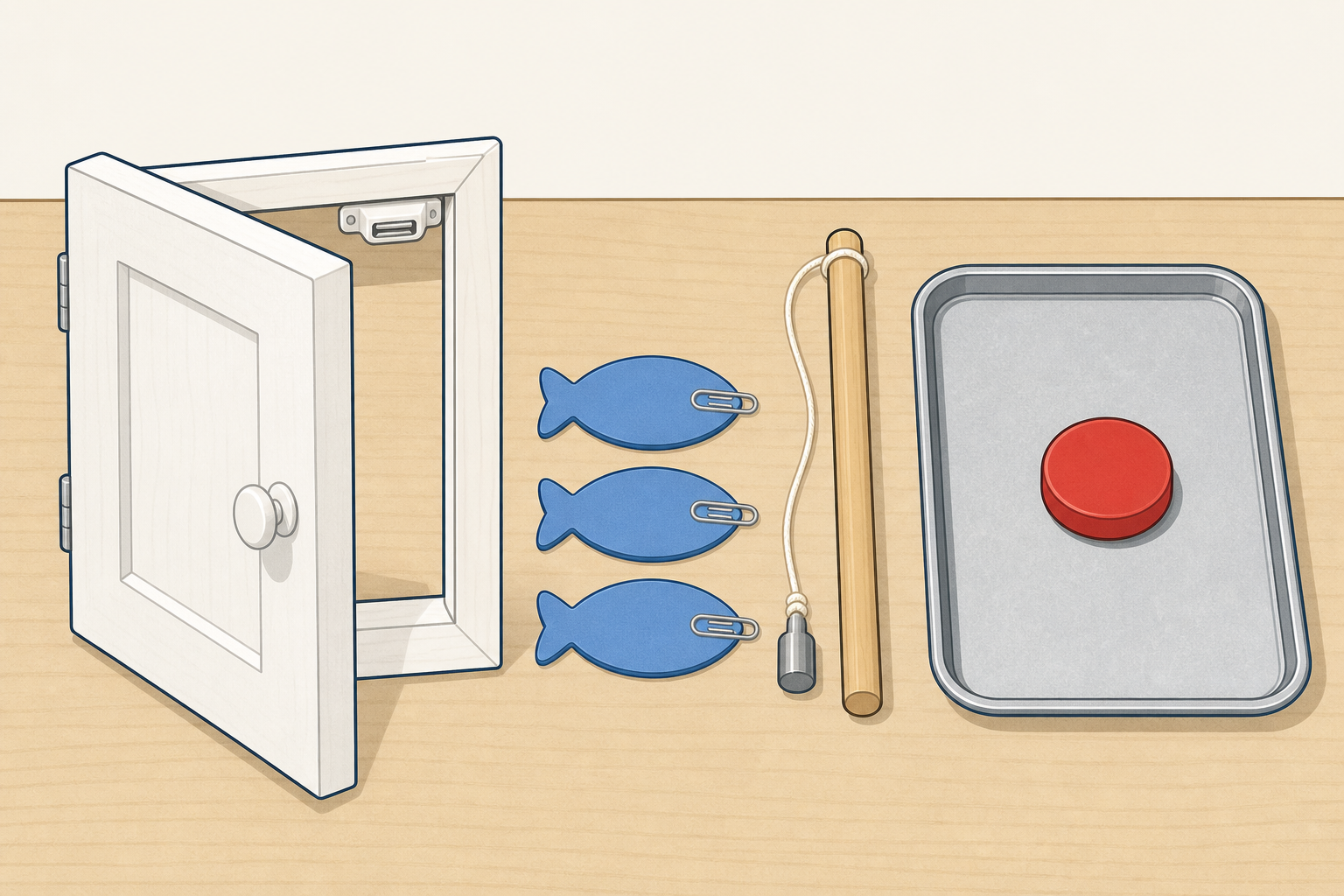 The three station objects children will try, shown plainly