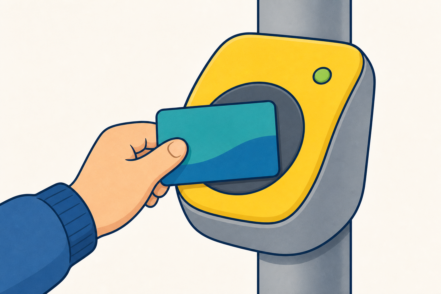 Hand holding travel card to the reader, the moment before the beep