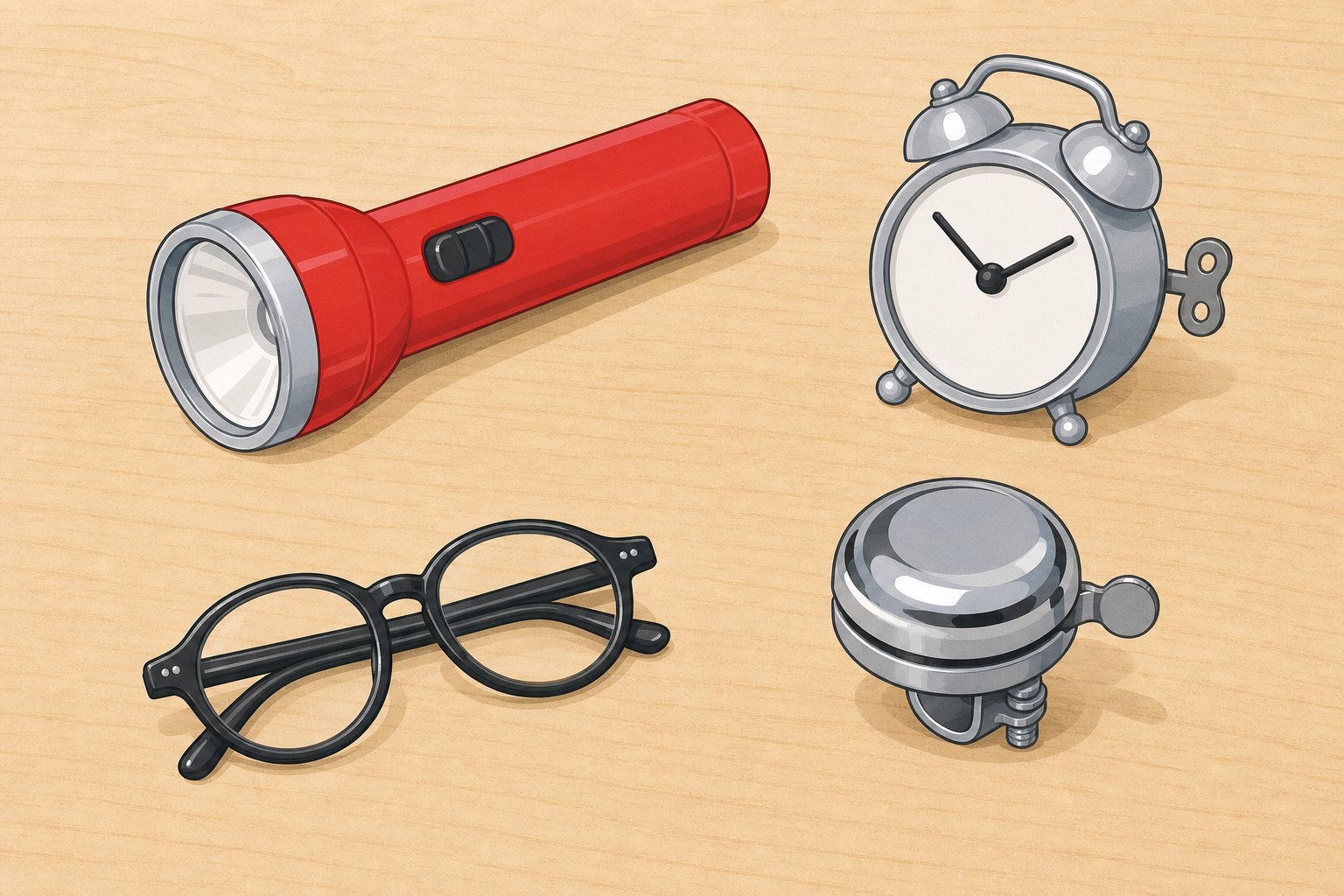 Everyday technologies laid out, the real objects the lesson will handle
