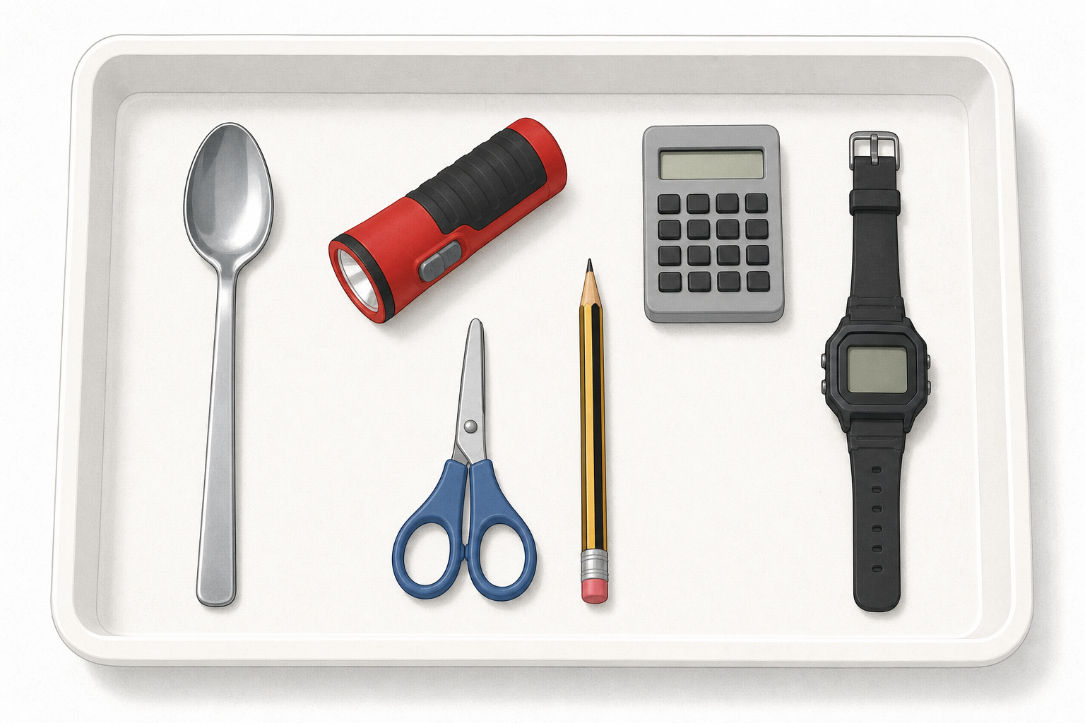 The full tray of objects each group will handle and name