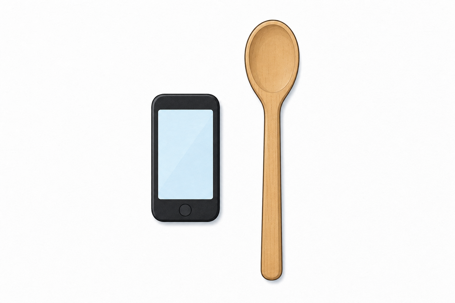 Phone with lit screen next to spoon, the two key examples