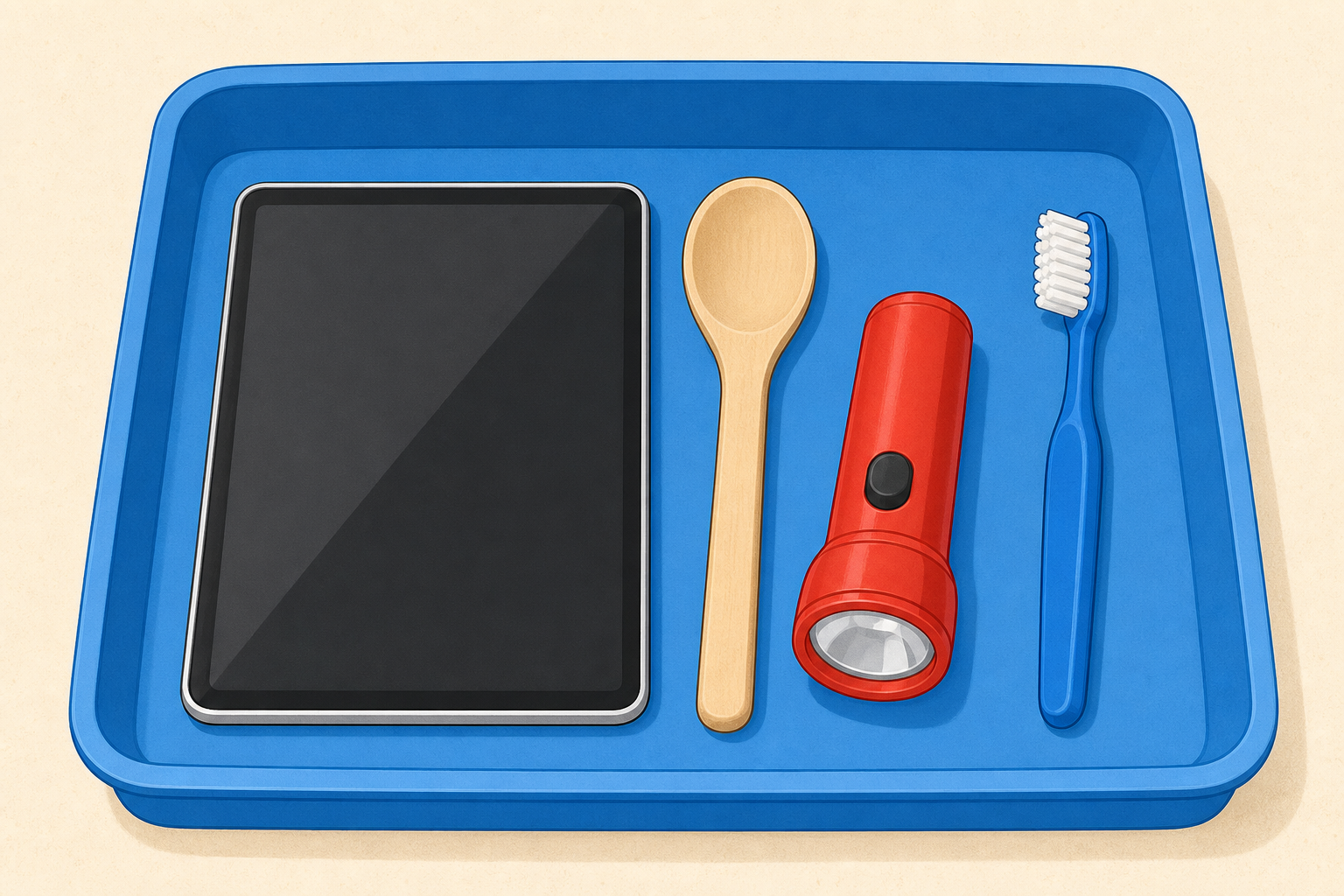 The classroom tray of helpers children will examine for screens and buttons