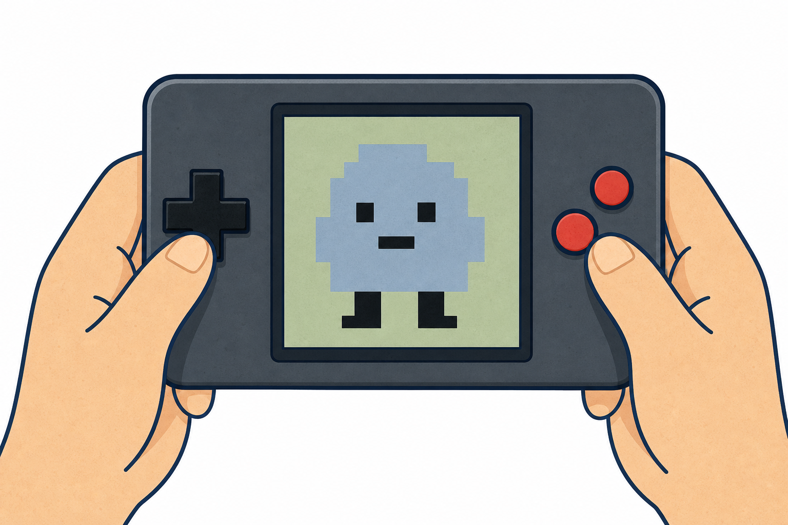 The handheld console running a pixel character: the thing the class will build today