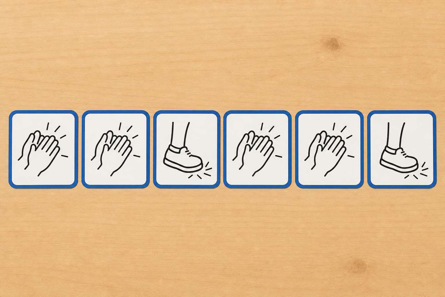 The clap-clap-stamp card row the class will read aloud, shown plainly