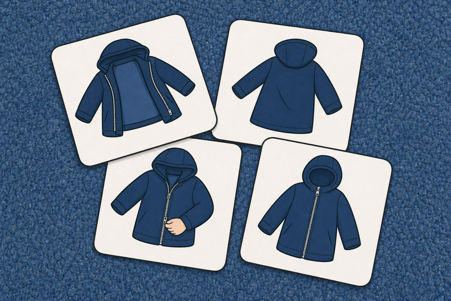 The coat cards children will sort, shown jumbled so the order stays theirs